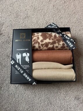 Anne Klein 3 Piece Pashmina Scarf Set Gift Box Neutral Colors NIB